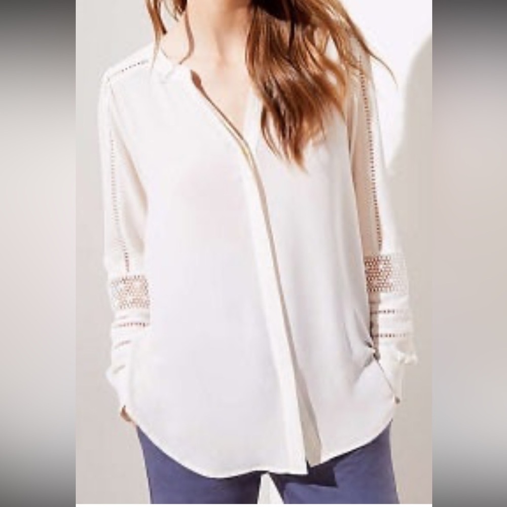 LOFT Lace trim ivory utility blouse long sleeves mandarin collar top Sz‎ M